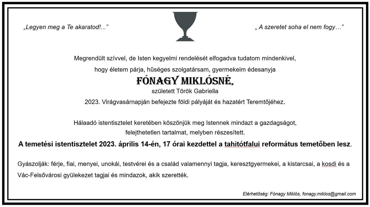 Fónagy Miklósné gyászjelentés 2023 tavasz